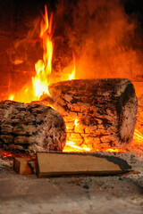 A fire is burning in a fireplace, with logs and a book nearby