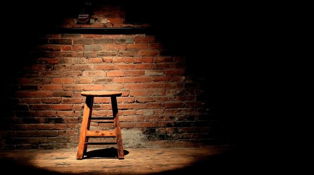 Wooden stool illuminated by spotlight against weathered brick wall showcasing rustic charm and simplicity in a dim setting