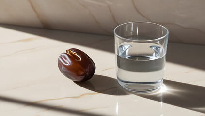 Quiet Moment: Brown Medjool Date Beside Refreshing Water Glass in Gentle daylight