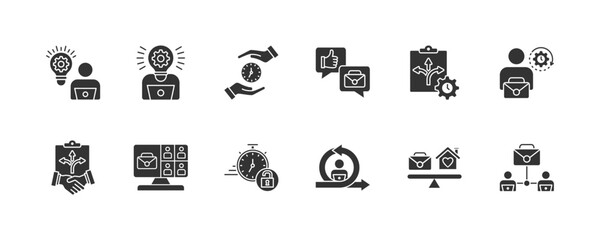 Fototapeta premium Remote working icon collection set. Containing Online Meeting, Flexibility, Agreement, Virtual Work, Time Management, Work On Demand, Flexibility Program, Part Time. Simple Solid vector illustration.