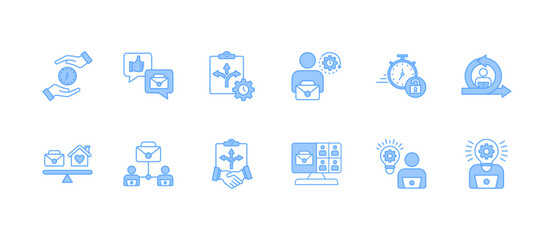 Remote working icon collection set. Containing Online Meeting, Flexibility, Agreement, Virtual Work, Time Management, Work On Demand, Flexibility Program, Part Time. Simple Blue vector illustration.
