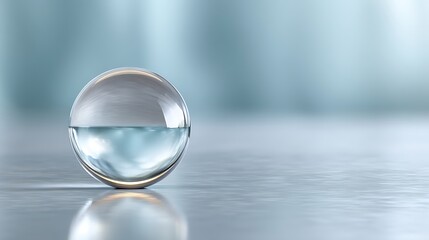 A clear glass sphere half filled with water on a reflective surface