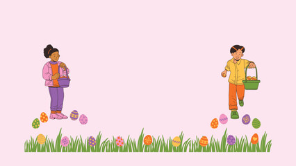 Purple Pink Yellow Colorful Easter Egg Hunt Presentation, cartoon, vector, illustration, children, love, child, baby, card, kids, fun, flower, frame, bear, animal, family, design, greeting, people, gr