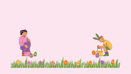 Purple Pink Yellow Colorful Easter Egg Hunt Presentation, cartoon, vector, illustration, children, love, child, baby, card, kids, fun, flower, frame, bear, animal, family, design, greeting, people, gr