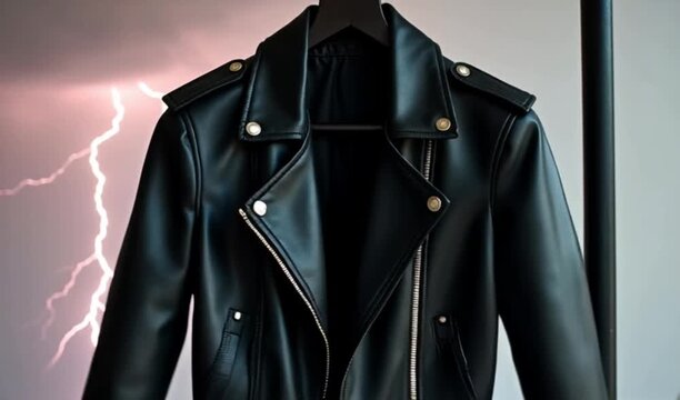A rebellious black leather jacket dominates the frame, lightning backdrop, chrome zips catching sparks; connotes rocker chic, power, and urban grit with a sleek, structured silhouette, 4K and HD Video