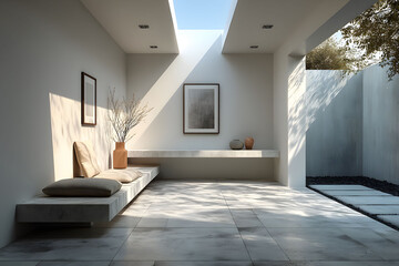 A serene minimalist patio features sleek stone flooring and a built-in bench adorned with textured cushions. sunlight filters through the open skylights, contemporary art and pottery, creating a tranq