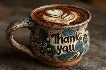 A beautifully crafted ceramic mug with thank you embossed on its rustic surface, featuring intricate floral motifs. topped with heart-shaped latte art, it rests on a wooden surface, perfect for though
