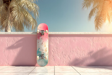 Retro-themed skateboard leaning against a pastel pink wall, set against a backdrop of palm trees under a clear blue sky. sunlight casts palm shadows on the tiled ground, evoking a nostalgic summer fee