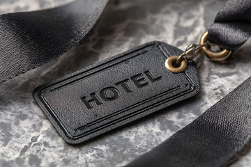 A sophisticated black hotel keychain with embossed lettering rests on a textured gray surface. the sleek design and metal grommet with a ribbon suggest luxury, travel, and hospitality, making it ideal