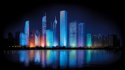 Fototapeta premium Vibrant Cityscape At Night With Blue Lights Reflecting On Water