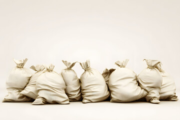 Burlap sacks arranged in a row against a neutral background. their textured surface and tied tops suggest a practical use for storing and transporting goods, evoking themes of agriculture and sustaina