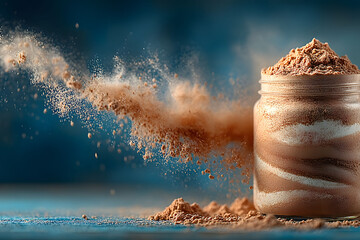 Cocoa powder erupts from a glass jar, creating a dynamic swirl against a vibrant blue backdrop. the fine particles and rich texture highlight culinary creativity, ideal for food design and cooking ins
