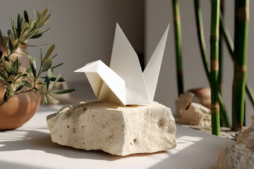 A tranquil scene featuring an origami crane peacefully perched on a porous stone. surrounded by bamboo stalks and olive branches, the setting captures a harmonious blend of nature and art, ideal for d