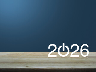 2026 start up business flat icon on wooden table over light blue wall, Happy new year 2026 success concept