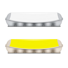 Chicken egg packaging. Realistic mockup. White and color. Easily editable. 12 eggs flat top carton with blank label. Vector mock-up. Template for design