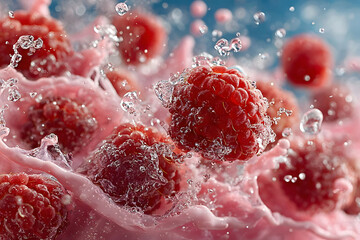 Ripe raspberries are dynamically captured splashing in vibrant pink milk, emphasizing freshness and zest. the high-speed motion and droplets create a vivid, refreshing scene, perfect for food, beverag