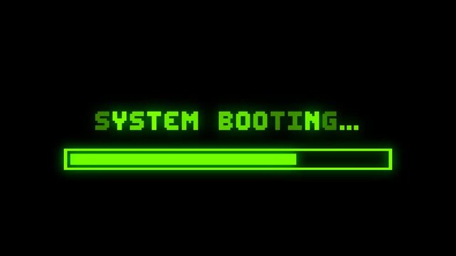 Retro System Startup Screen with 8 Bit Pixel &ldquo;System Booting&rdquo; Text and Neon Green Progress Bar on Black Background