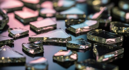 Abstract Broken Glass Shards on Dark Surface with Colorful Reflections