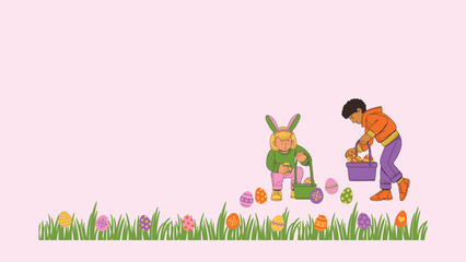 Purple Pink Yellow Colorful Easter Egg Hunt Presentation, cartoon, vector, illustration, children, love, child, baby, card, kids, fun, flower, frame, bear, animal, family, design, greeting, people, gr