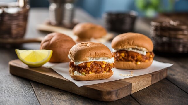 Delicious Sloppy Joe Sliders on a Wooden Board with Lemon Wedge.
