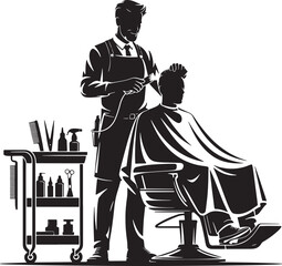 A classic barbershop scene depicts a barber giving a haircut to a seated client