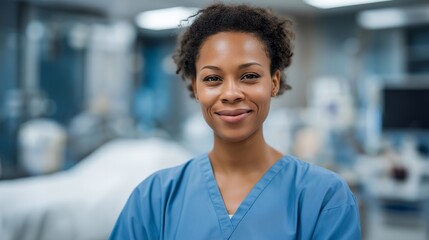 Fototapeta premium Portrait of a confident beautiful black female head nurse standing in a bright modern hospital ward, smiling warmly at camera, advanced medical equipment and professional staff in background