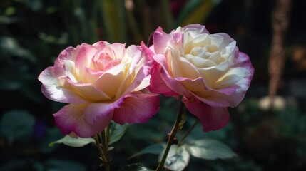 Beautiful pink and white roses blooming in a lush garden setting under soft sunlight with blurred greenery in the background