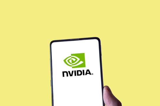 Nvidia logo on smartphone, yellow background. Link&ouml;ping, &Ouml;sterg&ouml;tland, Sweden. 01-20-2026. 