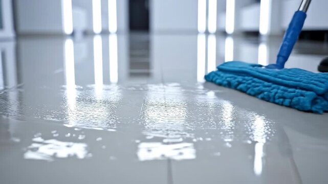 Cleaning tiled floor with a blue microfiber mob, wet surface with reflections on a shiny floor