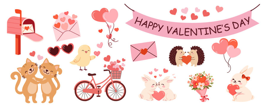 Valentine's Day cute animal couple vector illustration with bunny rabbit bear fox bird and heart love elements. Romantic hand drawn design for greeting cards invitations stickers packaging and social 