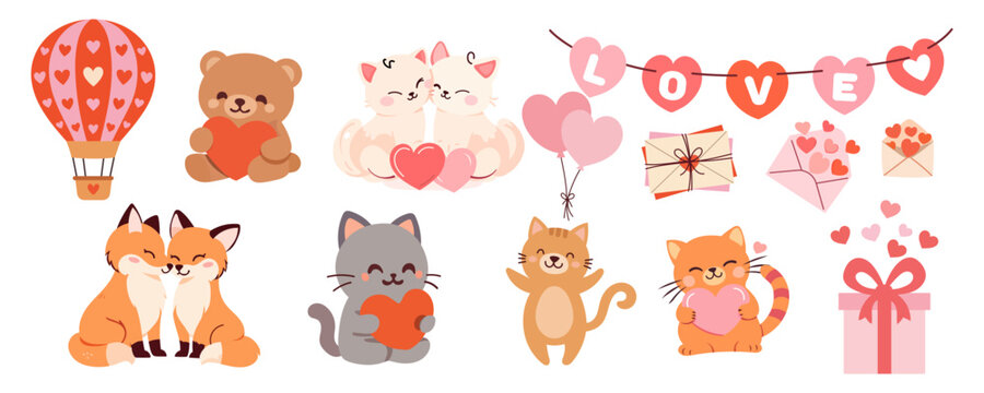 Valentine's Day cute animal couple vector illustration with bunny rabbit bear fox bird and heart love elements. Romantic hand drawn design for greeting cards invitations stickers packaging and social 