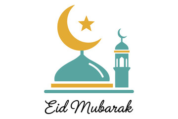 Fototapeta premium Elegant Eid Mubarak greeting with mosque, crescent moon, and star illustration, perfect for Islamic cultural celebrations and festive messages