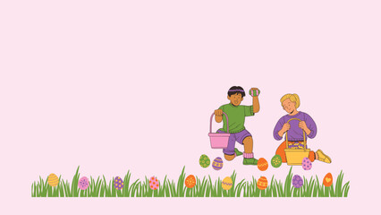 Purple Pink Yellow Colorful Easter Egg Hunt Presentation, cartoon, vector, illustration, children, love, child, baby, card, kids, fun, flower, frame, bear, animal, family, design, greeting, people, gr