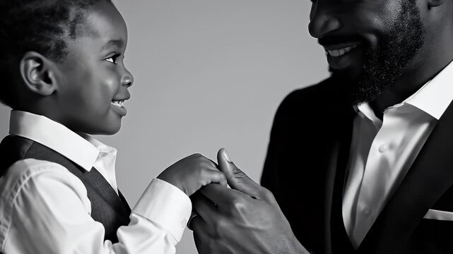 Father Adjusts Son's Ring Joyful Moment Black and White Studio Portrait