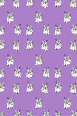 Seamless pattern of hand drawn grocery paper bags with baguette and food items on purple background, cute doodle style illustration for packaging, textile, wallpaper, and fabric design.