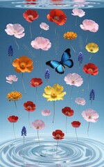 Fototapeta premium Colorful flowers and a blue butterfly float gracefully against a serene, gradient sky.
