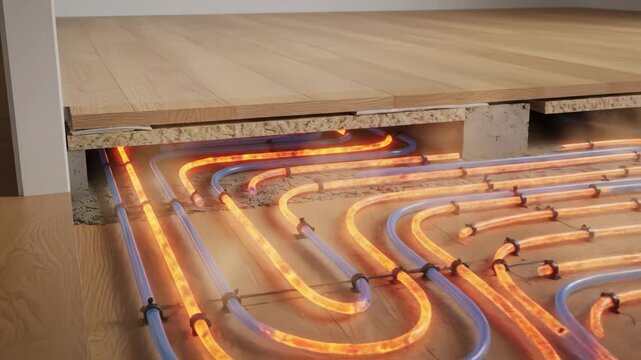 Underfloor heating system installation with glowing pipes under a wooden floor. Radiant floor heating concept and energy efficiency.