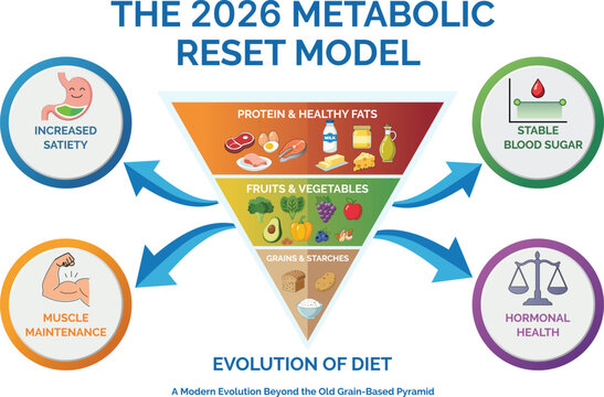 Evolution of dietary infographic  pyramid with new inverted protein priority chart. Vector illustration of nutritional shift