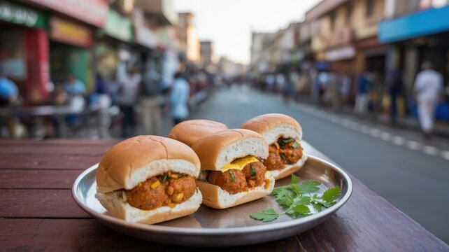 Delicious Vada Pav a popular Indian street food snack in Mumbai.