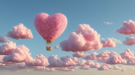 Fototapeta premium Romantic heart-shaped hot air balloon floats among soft pink clouds in a serene blue sky at sunset