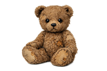 Obraz premium Gentle brown teddy bear, showing signs of age and love with multiple patches, sitting on a transparent background