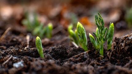 New green shoots emerging from dark soil, symbolizing growth and the start of spring