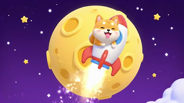 Cute Shiba Inu Dog Flying Rocket to the Moon 3D Animation