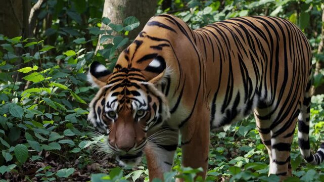 A majestic tiger prowls through lush greenery, captured in a low-angle shot. The video highlights its striking stripes and natural habitat.