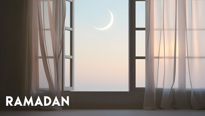 Moonrise Over Windows: Serene Ramadan Ambiance with Linen Sheer Curtains and pastel Sky