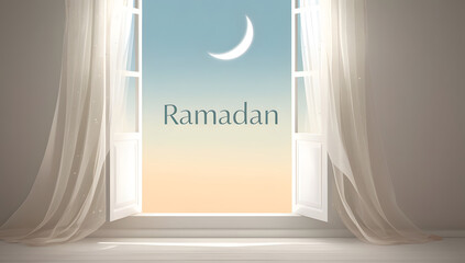 Ramadan Quietude: Moonlit Window View with Delicate White Curtains and Gradient Sky