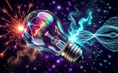 Electric light bulb bursts with vibrant sparks and energy against dark cosmic background.