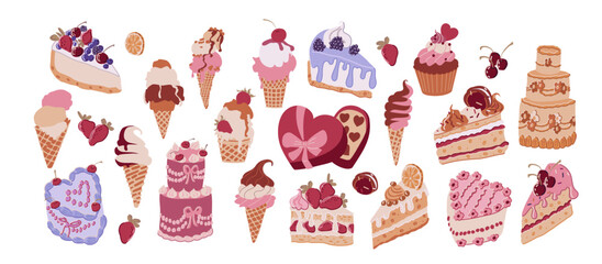 A comprehensive vector set of delicious desserts. Includes various cakes, ice cream cups, chocolate candies, and cupcakes. Perfect for bakery branding, cafe menus, food packaging, and sweet event desi