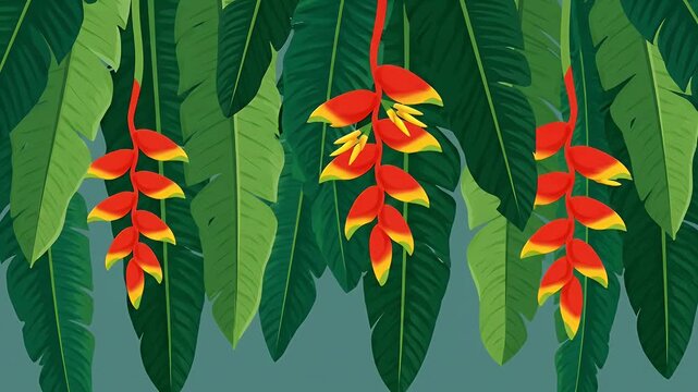 Animated Tropical Border of Heliconia Flowers and Jungle Leaves