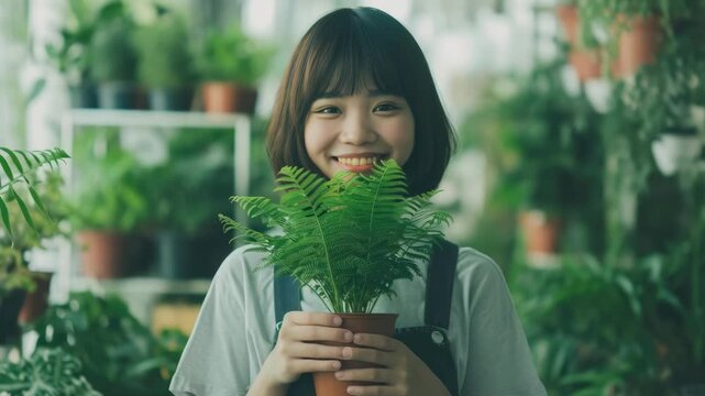 A cheerful person holding a potted plant amidst an array of greenery.